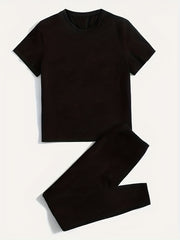 Solid Casual Two piece Set Crew Neck Short Sleeve T shirt & High Waist Pants