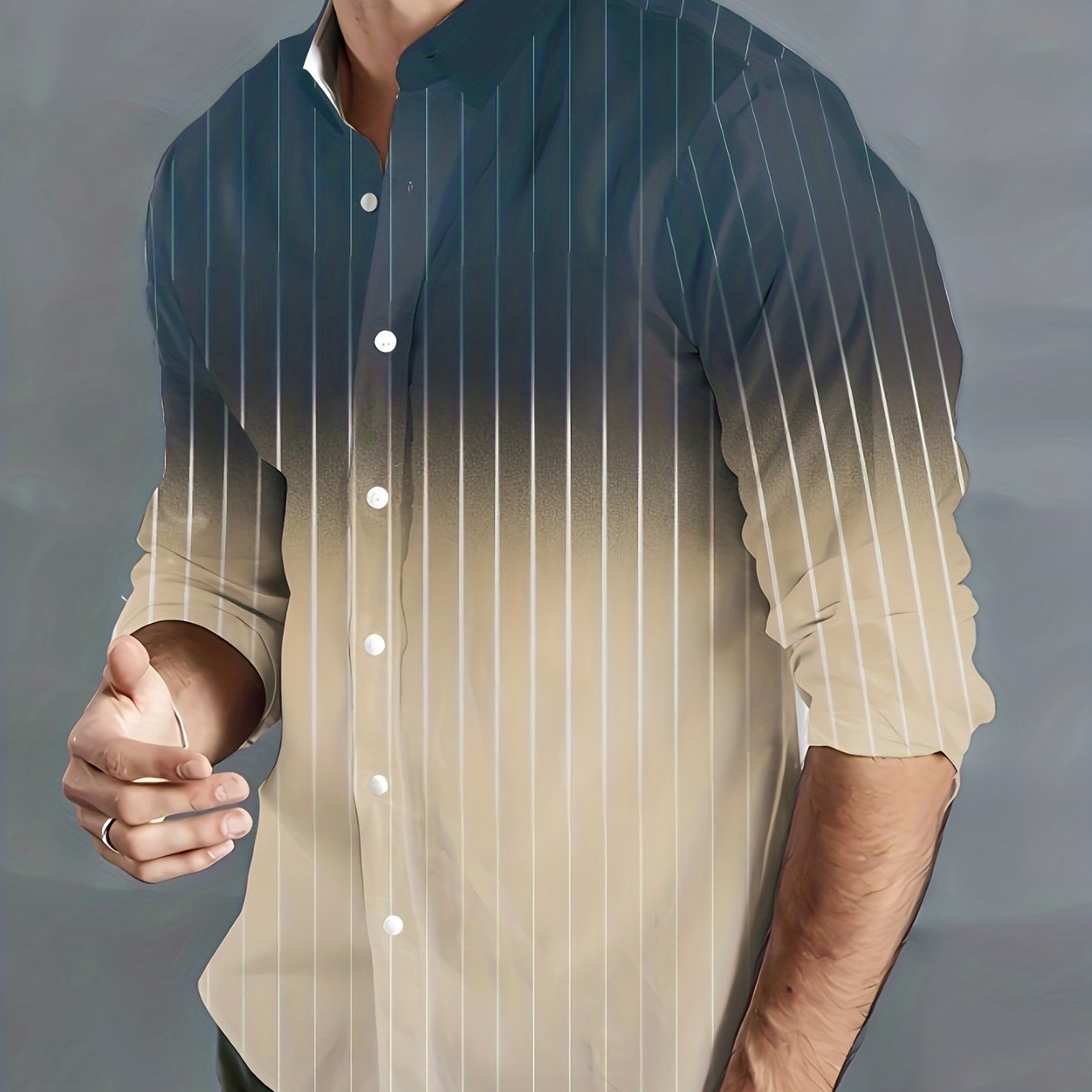Stripe Print Men's Gradient Button Up Long Sleeve Shirt