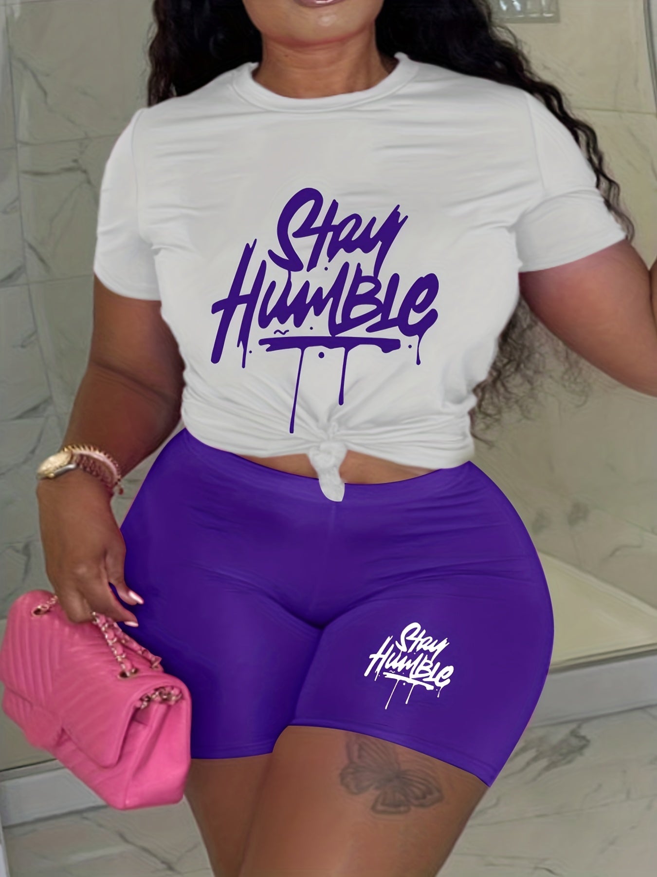 Letter Print T Shirt & Shorts 2pcs Set Women's Clothing