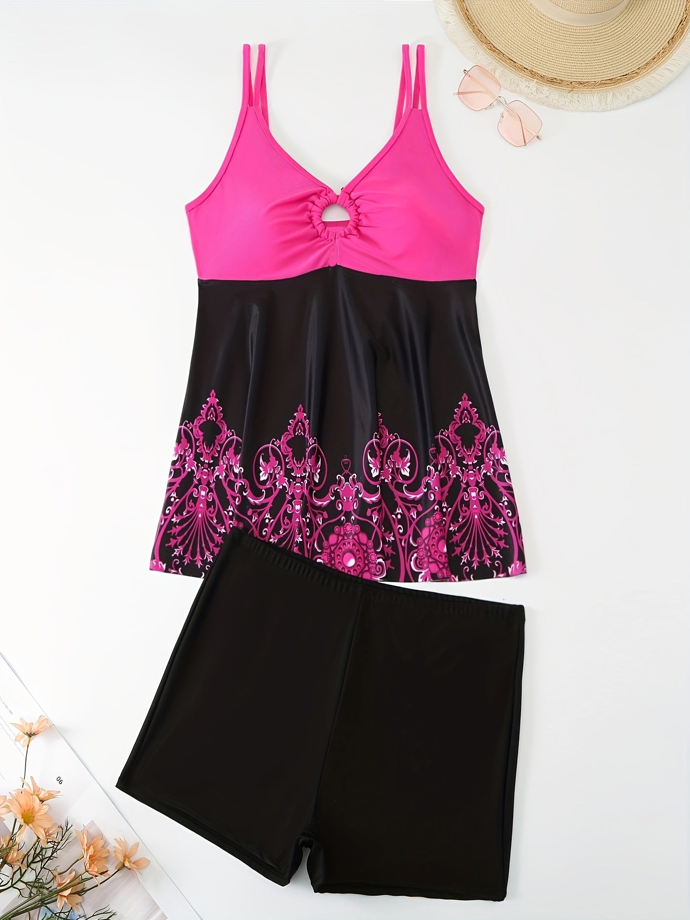 Colorblock Floral Print Tankini Set