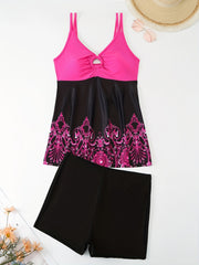 Colorblock Floral Print Tankini Set