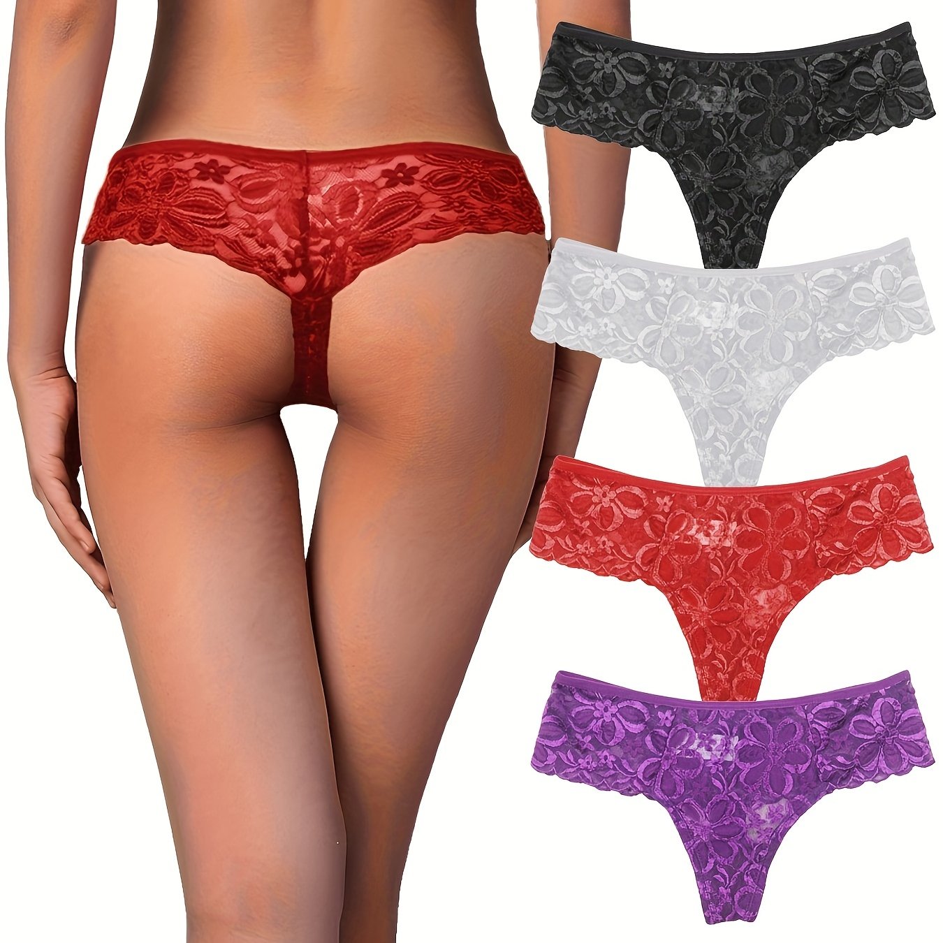 4pcs Floral Lace Thongs Soft & Comfy Stretch Panties Women's Lingerie