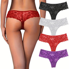 4pcs Floral Lace Thongs Soft & Comfy Stretch Panties Women's Lingerie