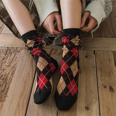 Colorblock Plaid Socks Breathable College Style Women Stockings