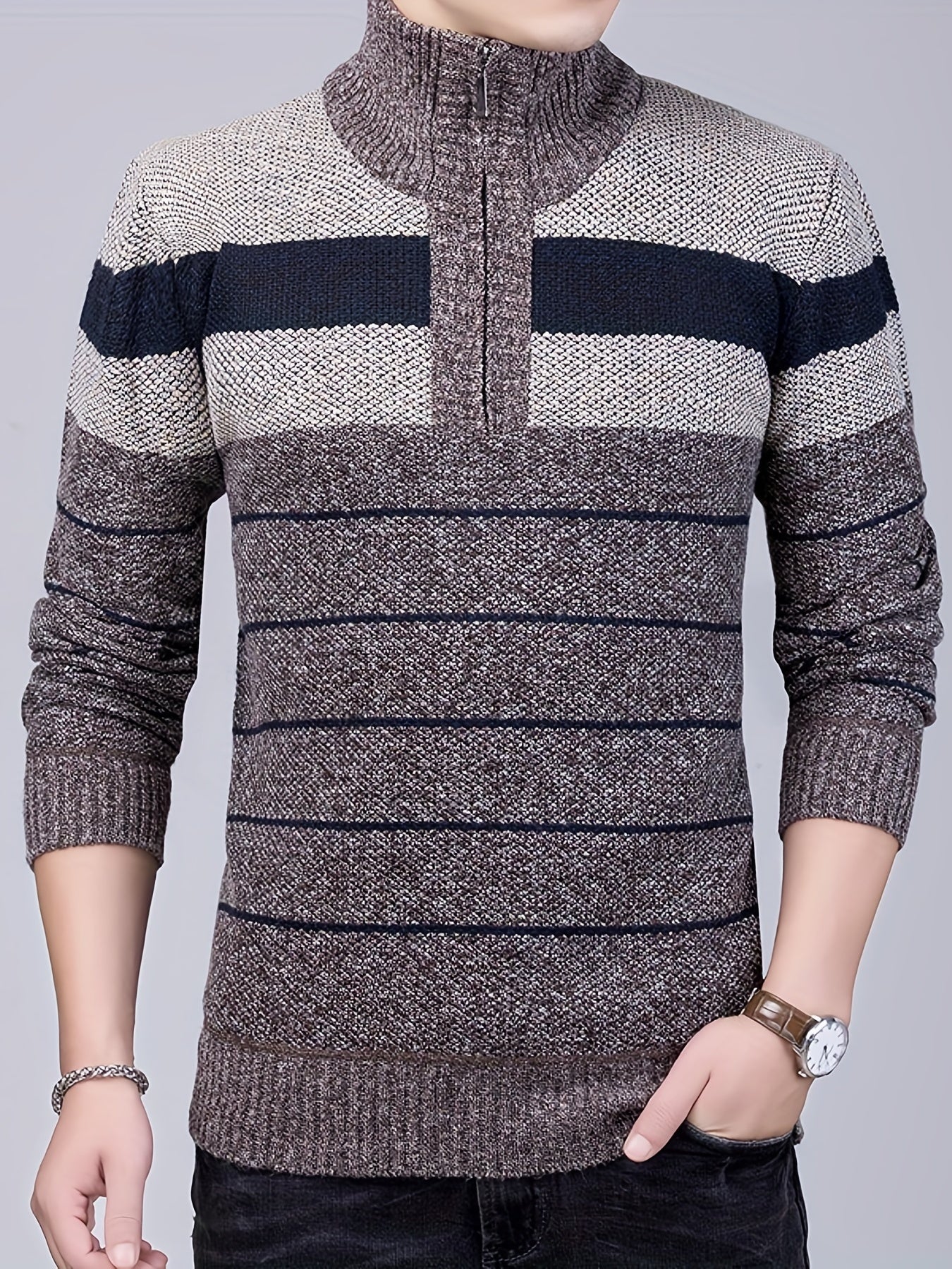 Elastic Striped Pattern Zip Neck Sweater for Men