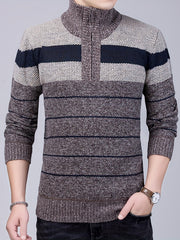 Elastic Striped Pattern Zip Neck Sweater for Men