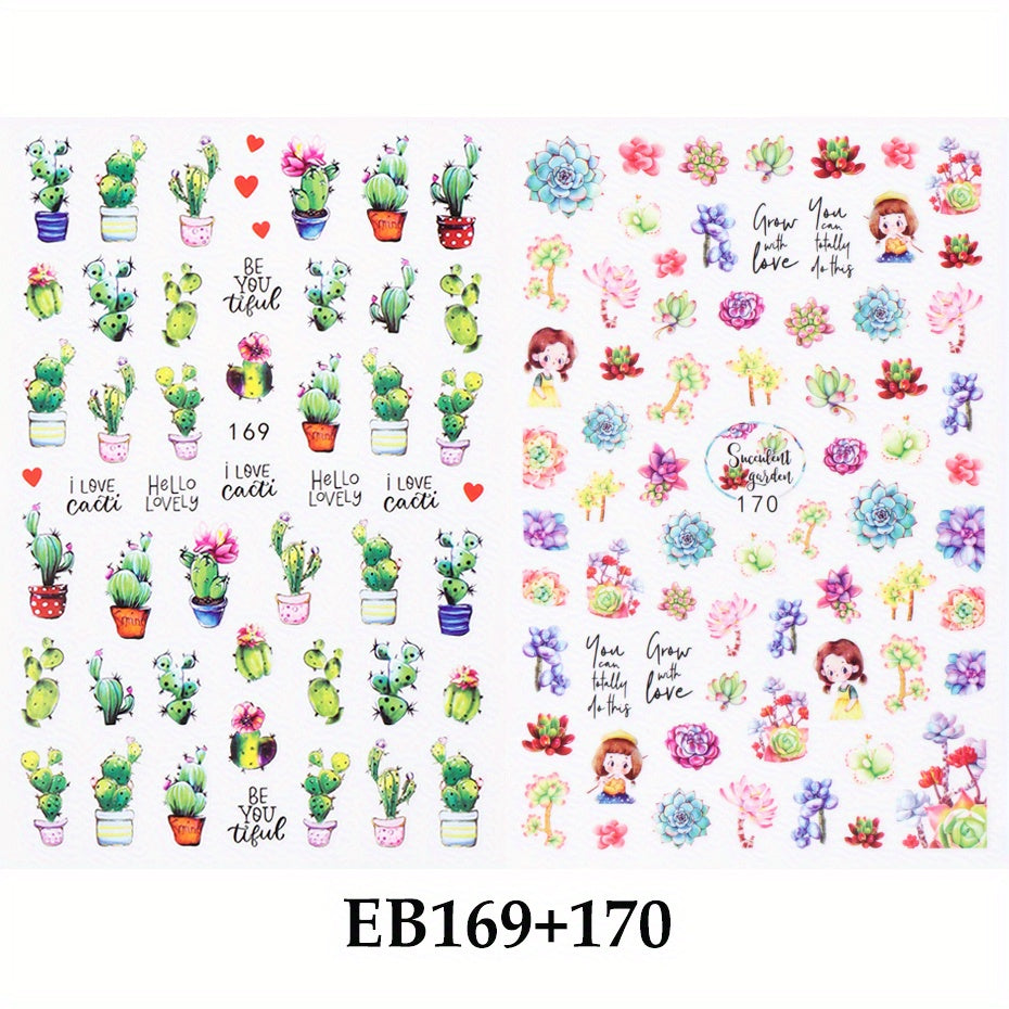 Green Succulent Plants 3D Nail Sticker Cactus Mushroom Summer Decals