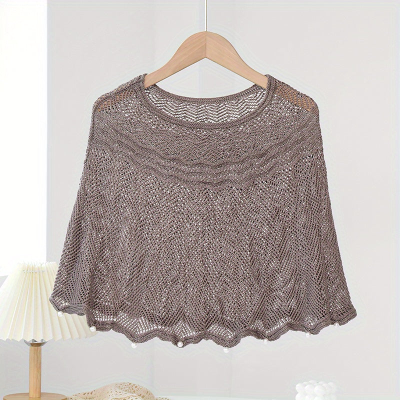 Faux Pearl Decor Shawl Solid Knitted Warm Wraps Wavy Cape for Women