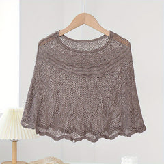 Faux Pearl Decor Shawl Solid Knitted Warm Wraps Wavy Cape for Women