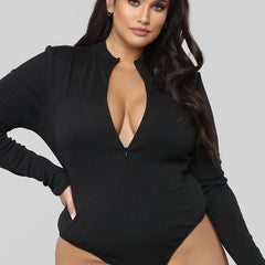 Sexy Bodysuit Ribbed Zipper Long Sleeve Round Neck Skinny