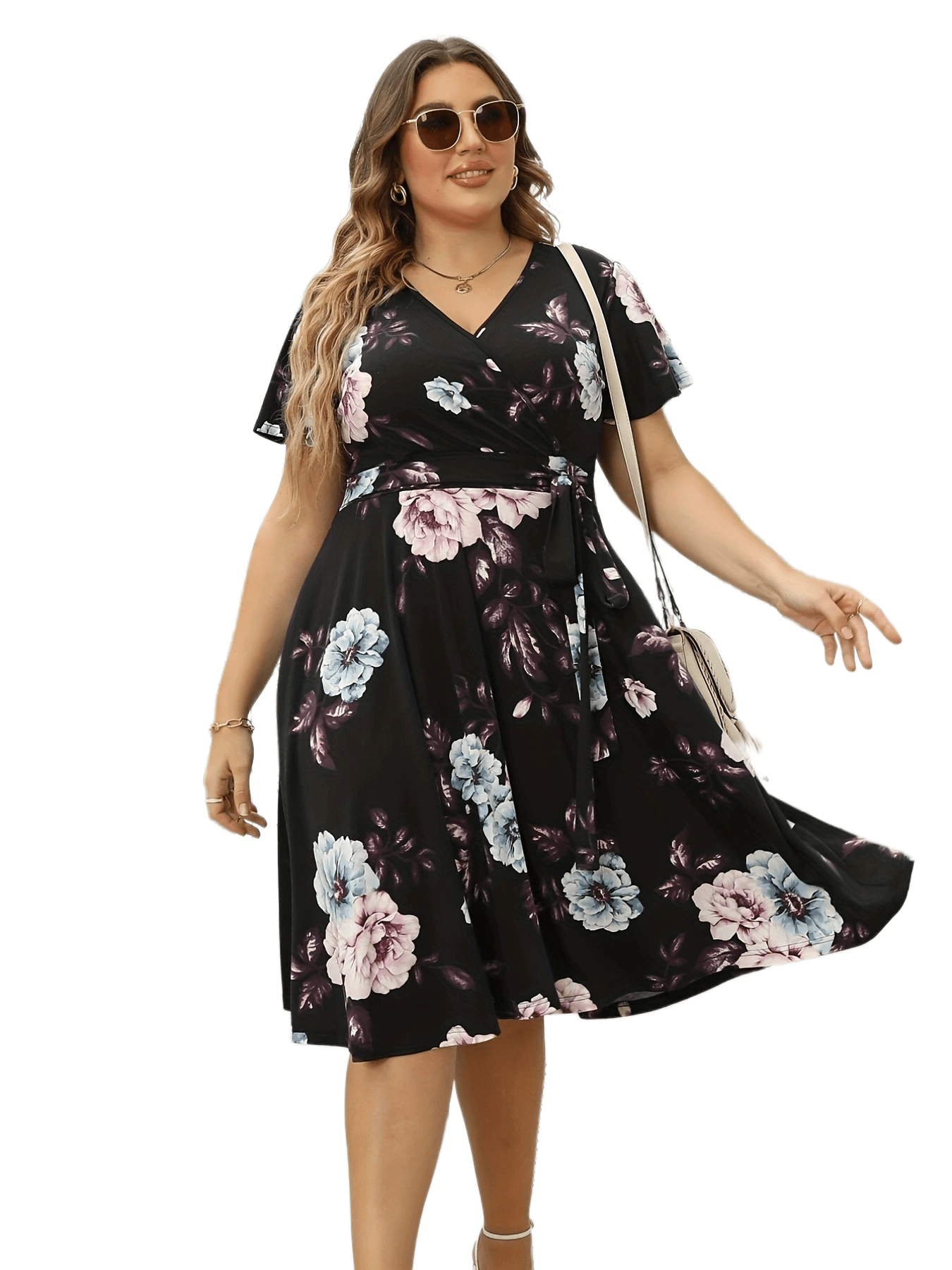 Women's Plus Floral Print Cap Sleeve Surplice Neck Bow Knot Medium Stretch Dress