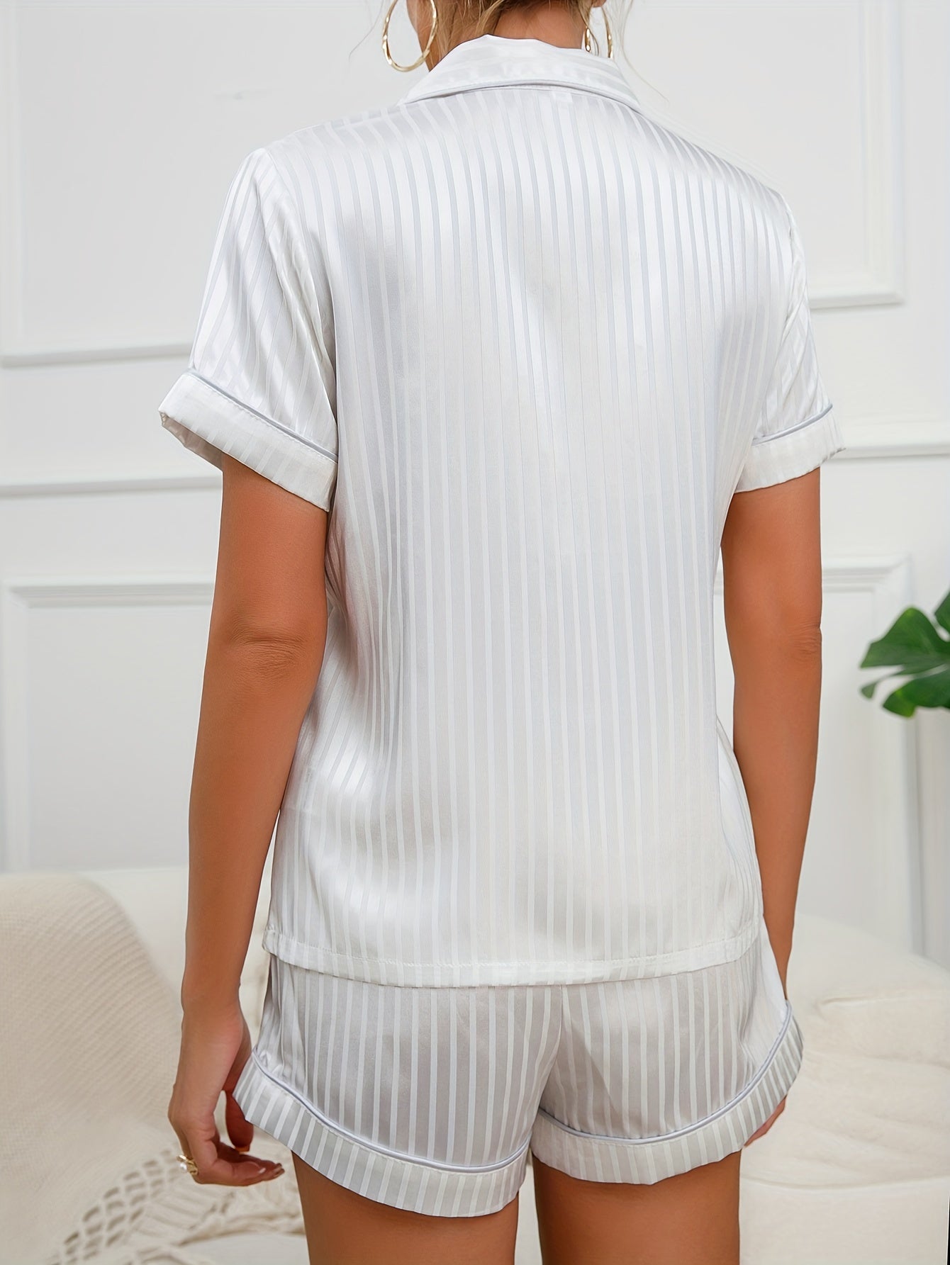 Stripe Print Pajama Set Short Sleeve Button Up Top & Elastic Waistband Shorts