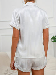 Stripe Print Pajama Set Short Sleeve Button Up Top & Elastic Waistband Shorts