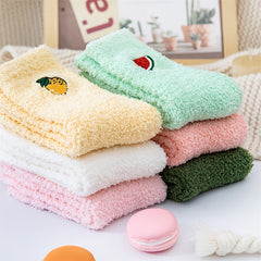 Soft Plush Home Floor Socks Fruit Pattern Thick & Warm Mid Tube Stockings