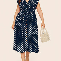 Polka Print Cap Sleeve V Neck Dress With Belt