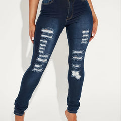 Women's Navy Ripped Skinny Leg Jeans
