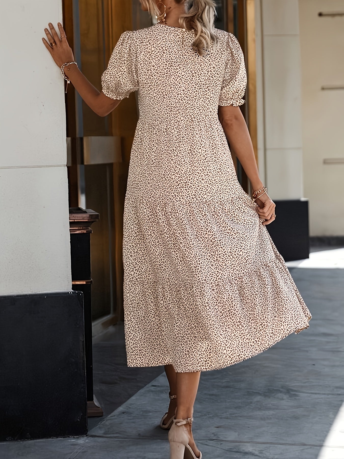 Leopard Print Puff Sleeve Smock Maxi Dress