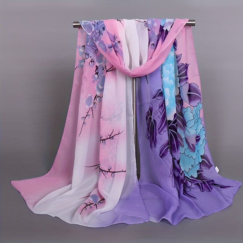 Chiffon Flower Print Gradient Long Scarf