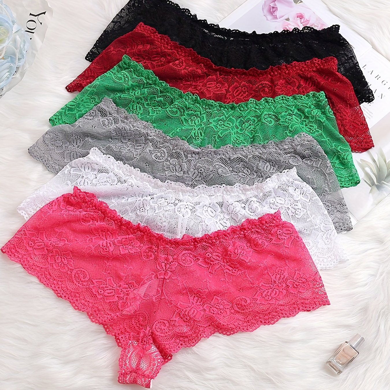 6 Pack Plus Size Sexy Briefs Set Women's Floral Lace Breathable Panties