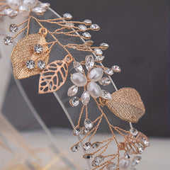 Faux Pearl Crystal Leaf Headband Golden Wreath Hair Accessories
