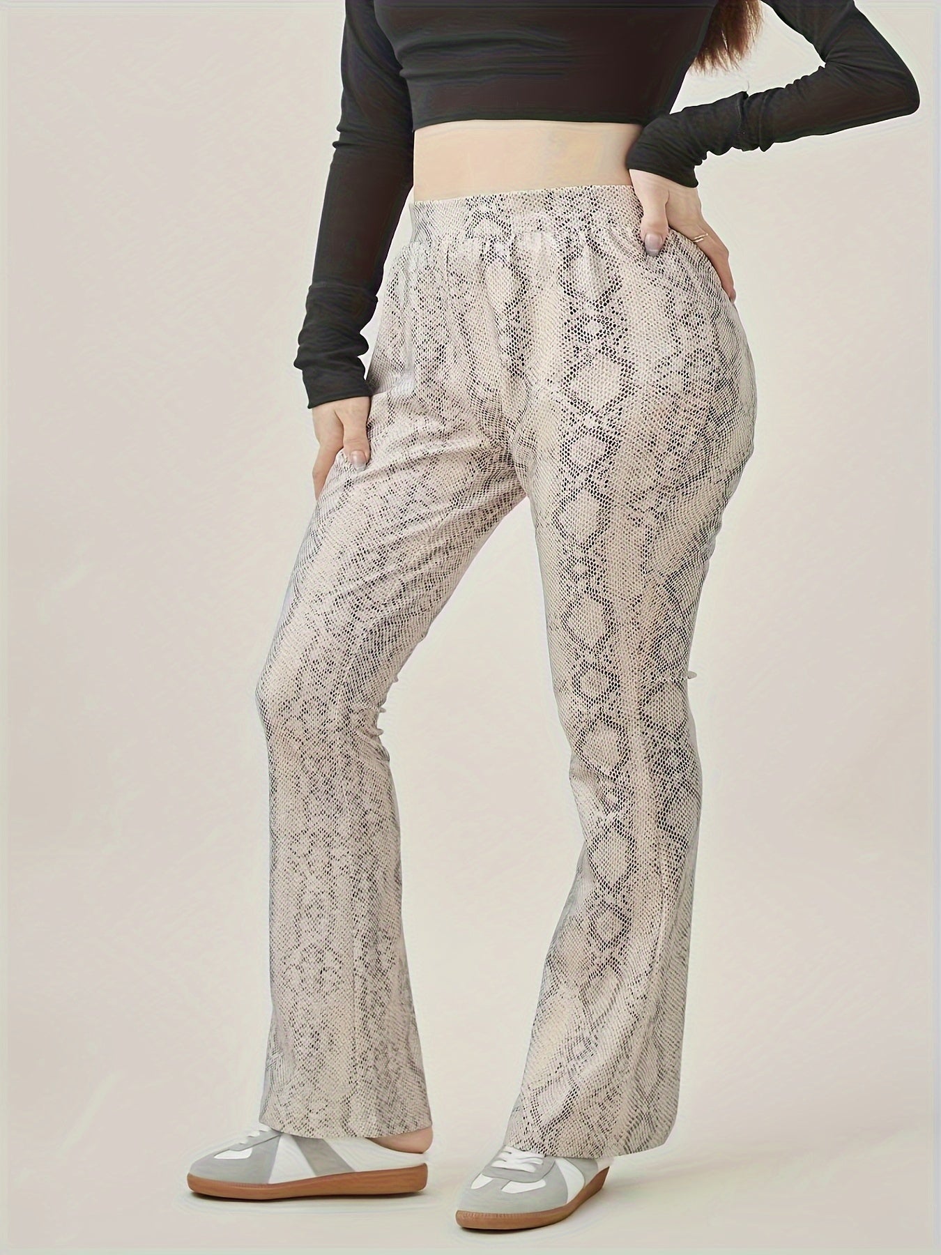 Snake Skin Print High Rise Flared Leg Trousers