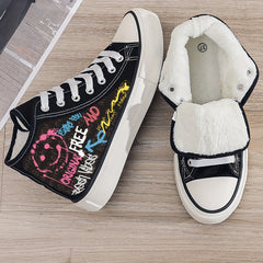 Smiling Graffiti Print Plush Lined Thermal Chunky Canvas Sneakers