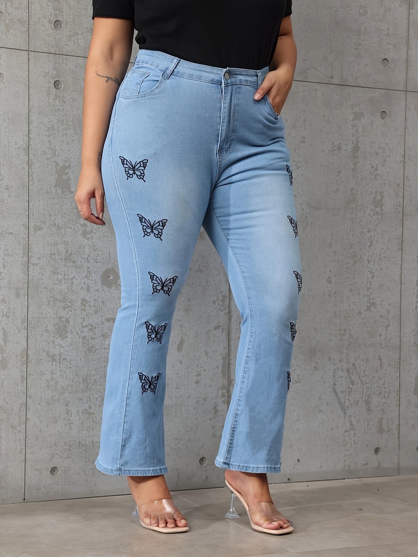Butterfly Print High Rise Flared Leg Jeans