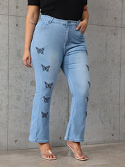 Butterfly Print High Rise Flared Leg Jeans