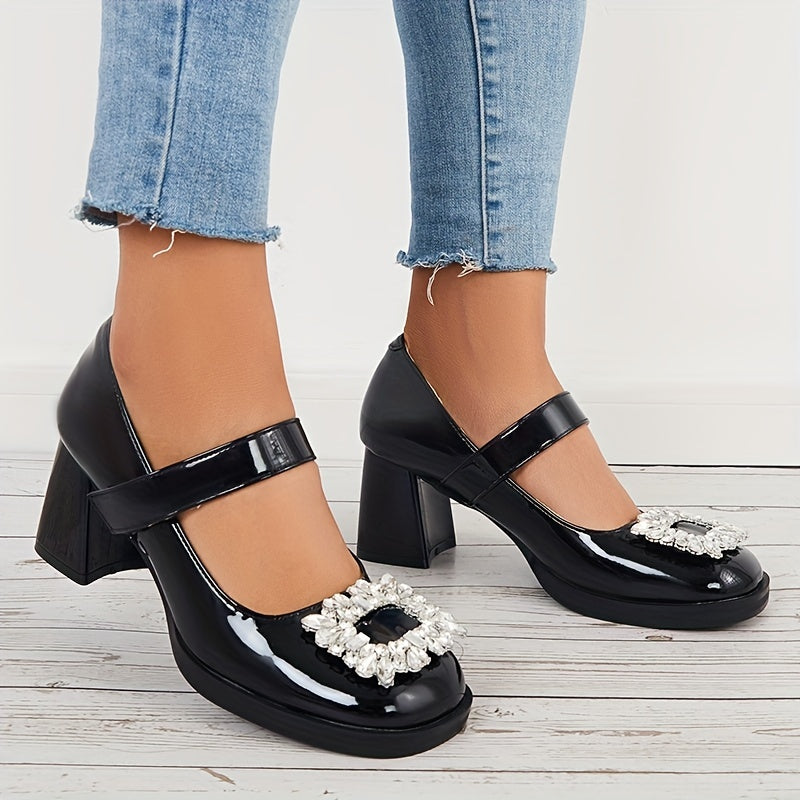Women's Block Heeled Mary Jane Square Rhinestone Decor Pumps