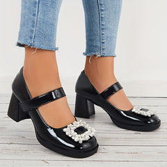 Women's Block Heeled Mary Jane Square Rhinestone Decor Pumps