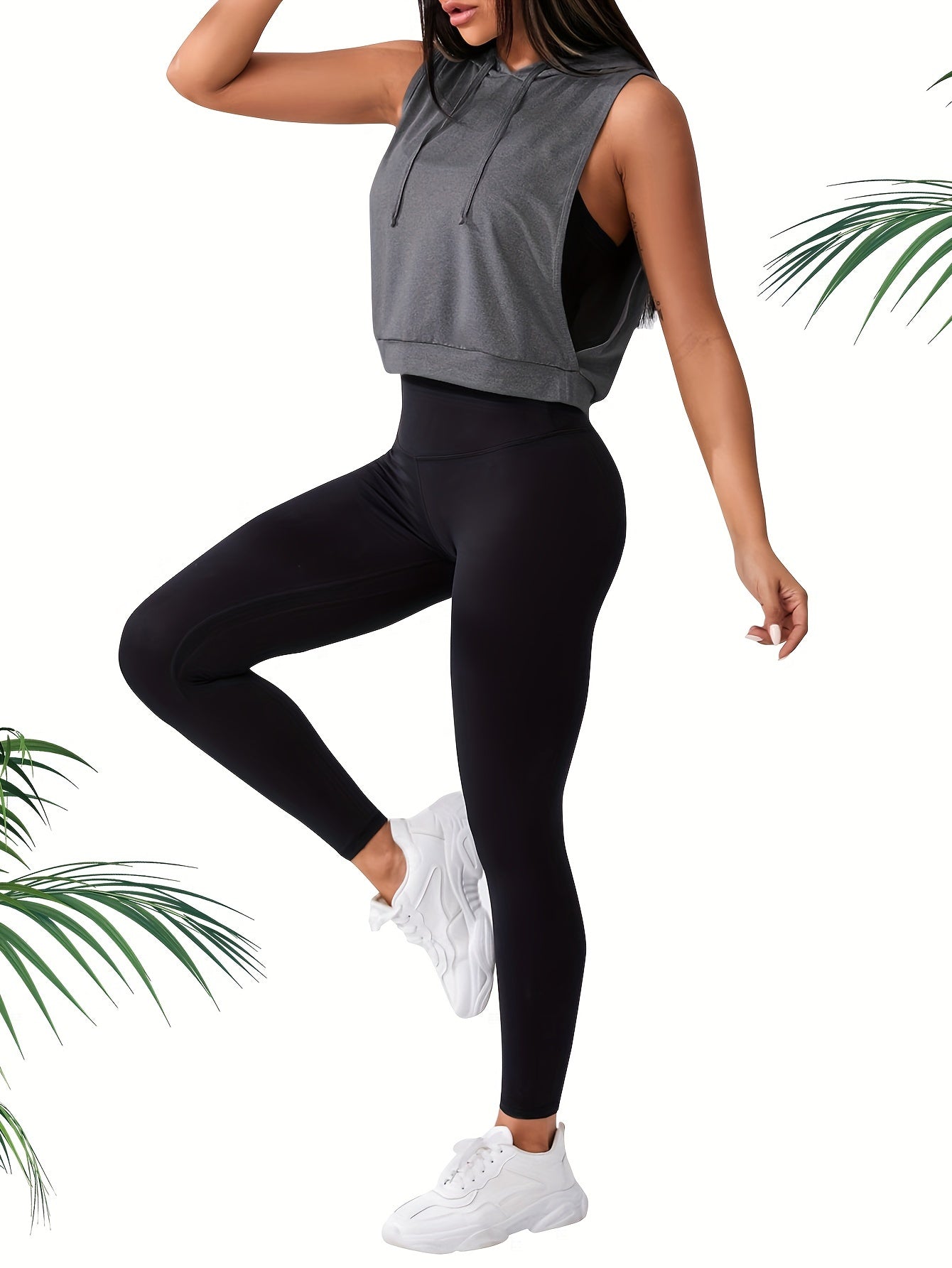 Solid Sports Hooded Tank Top Fitness Running Vest T shirt Women's Activewear