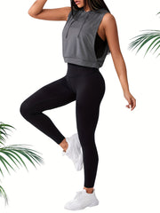Solid Sports Hooded Tank Top Fitness Running Vest T shirt Women's Activewear