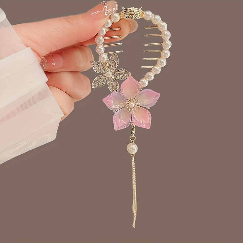 Girl's Flower Tassel Pearl Ponytail Buckle Hair Clip