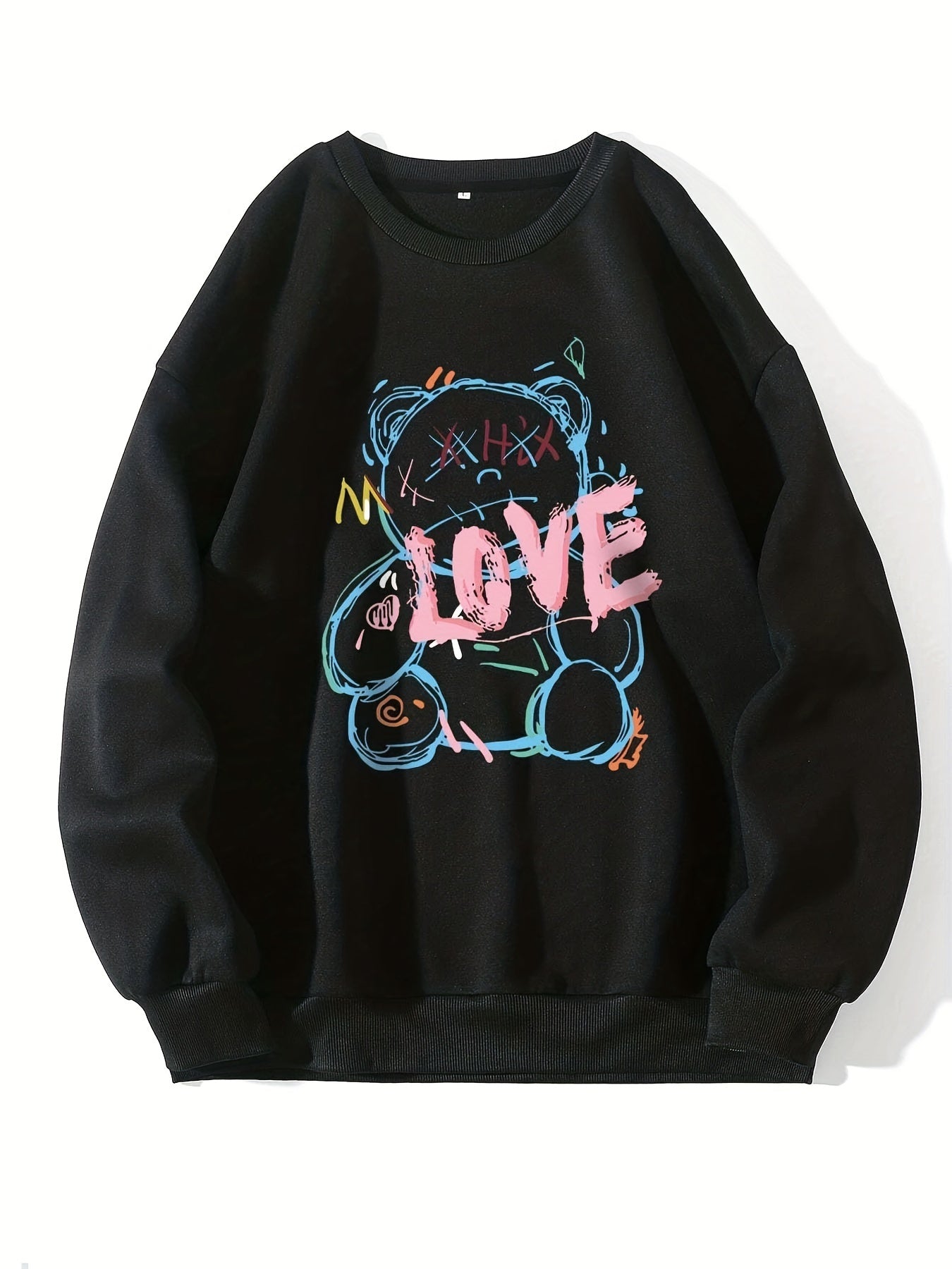 Letter & Bear Print Sweatshirt Crew Neck Pullover