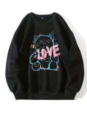 Letter & Bear Print Sweatshirt Crew Neck Pullover