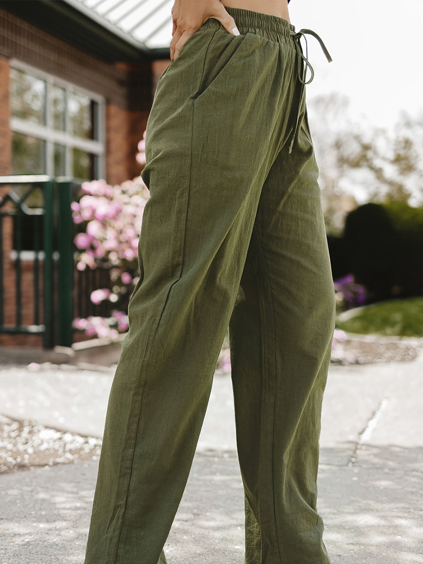 Drawstring Straight Leg Pants Casual Solid Elastic Waist Pocket Loose Pants