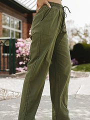 Drawstring Straight Leg Pants Casual Solid Elastic Waist Pocket Loose Pants