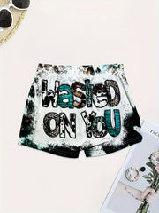 Letter & Leopard Print Skinny Shorts Casual Shorts For Spring & Summer