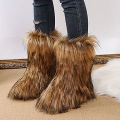 Women's Fleece Lined Snow Boots Slip on Platform Mid Calf Boots