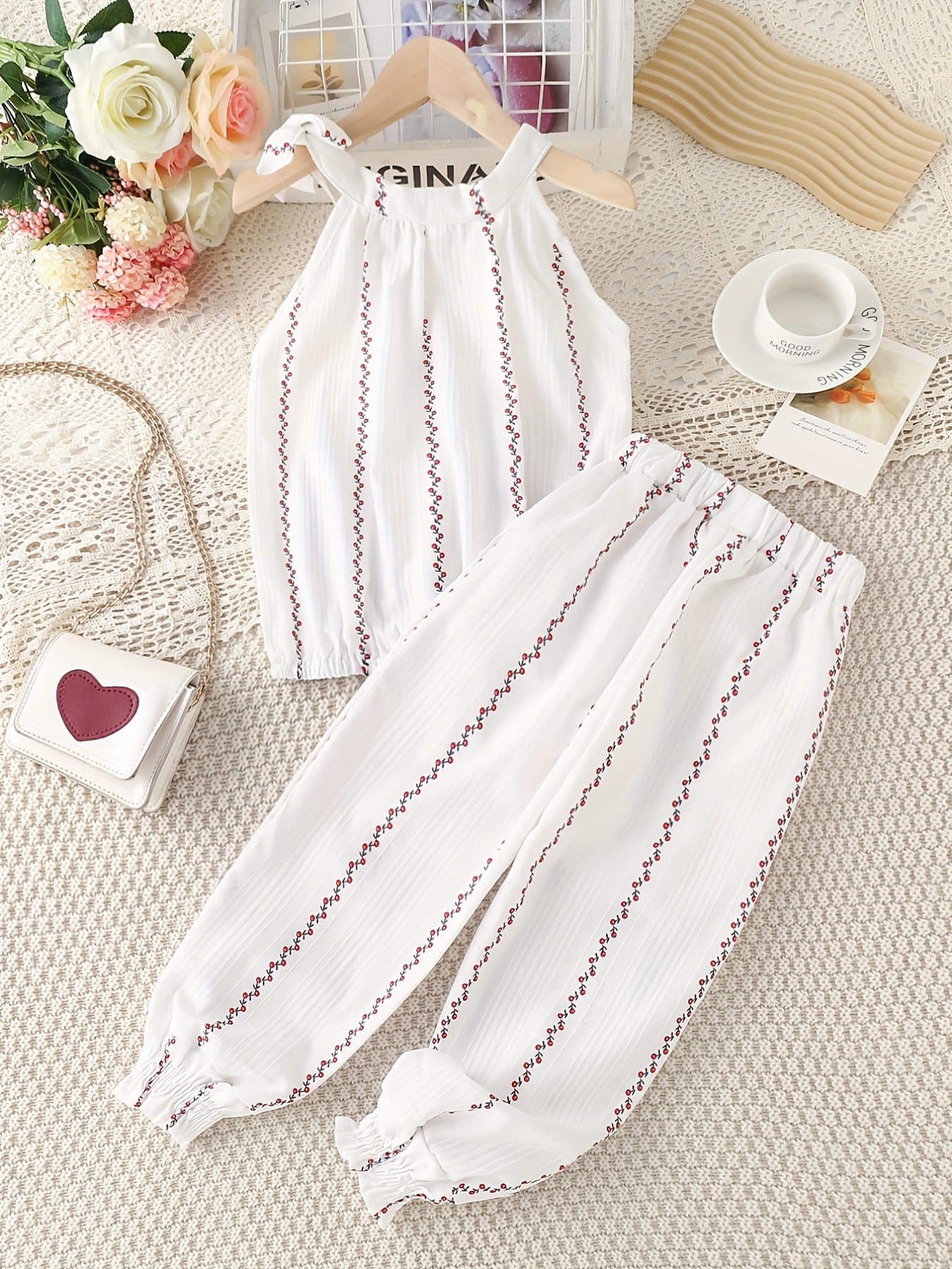 Girls' Floral Cotton Sleeveless Tank Top & Pants Set For Daily Outwear