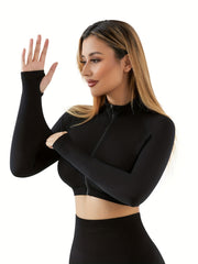 Full Zipper Running Jacket Long Sleeve Yoga Sports Crop Top With Thumb Holes