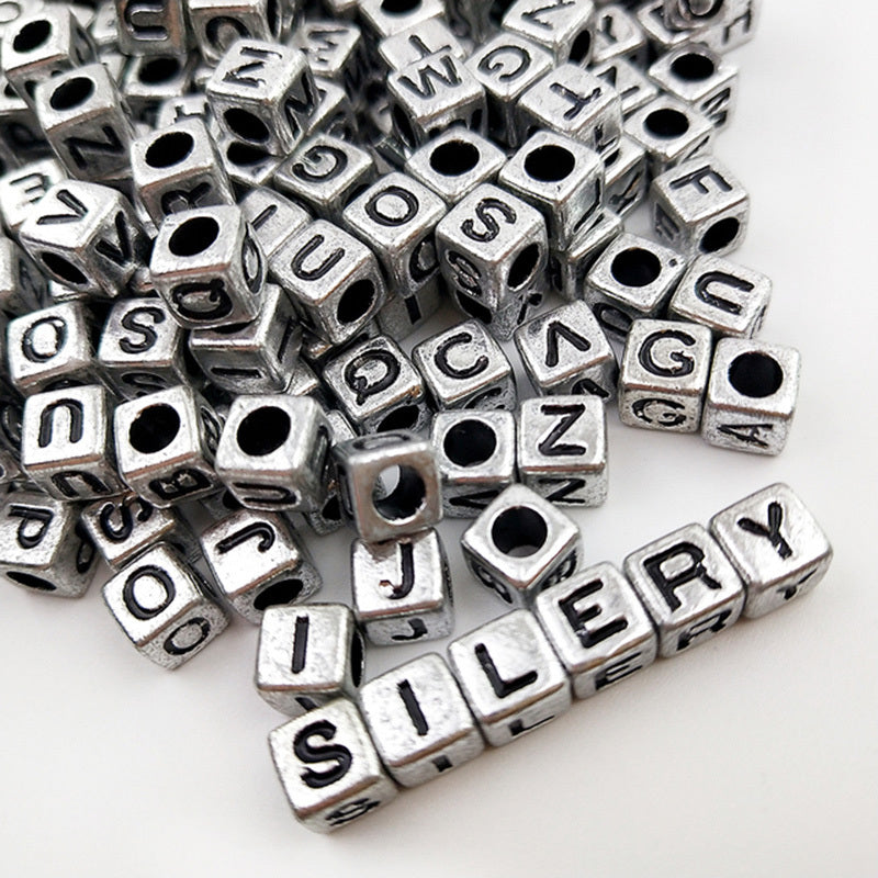 100pcs Antique Silvery Letter Acrylic Beads Cube Spacer DIY Jewelry Making