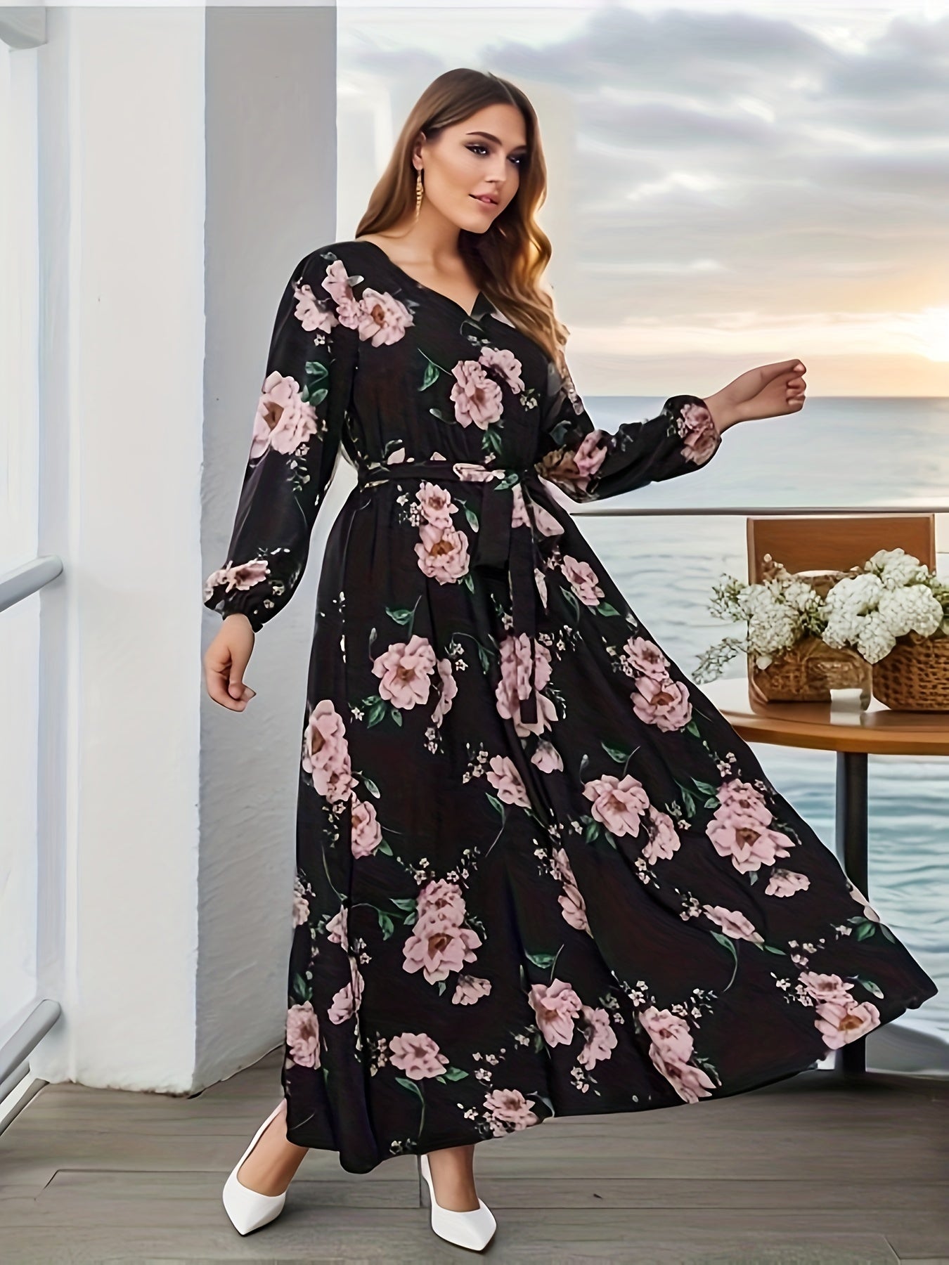 Women's Plus Floral Maxi Dress Long Sleeve V Neck Belt