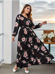 Women's Plus Floral Maxi Dress Long Sleeve V Neck Belt