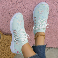 Women's Floral Print Knit Sports Shoes Lace Up Running Trainers