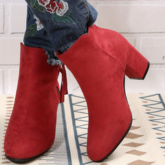 Chunky Heel Ankle Boots Solid Side Zipper High Heels Stylish Short Boots