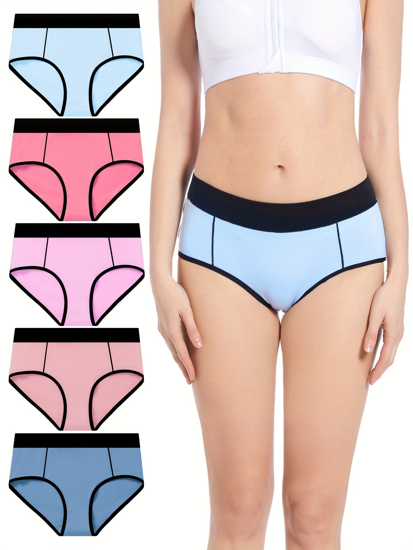 5pcs Colorblock Trim Briefs Comfy Stretchy Intimates Panties