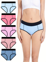 5pcs Colorblock Trim Briefs Comfy Stretchy Intimates Panties