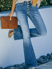 High Waist Flared Jeans Single Breasted Button Bell Bottom Slight Stretch Denim
