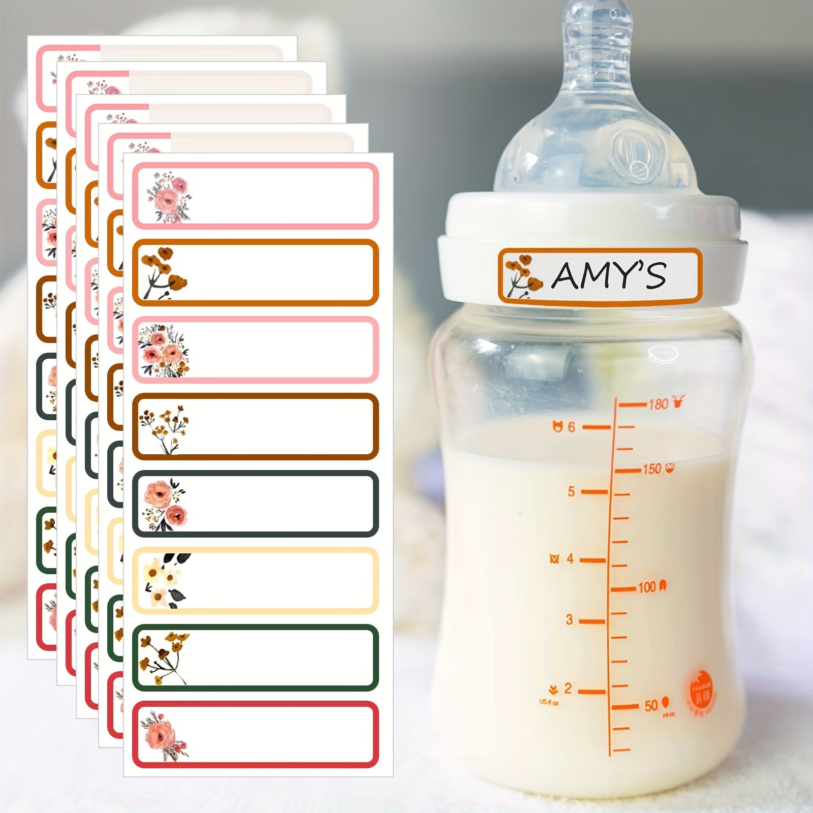 Girly Floral Baby Bottle Labels Waterproof 6 Sheets